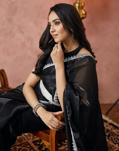 Black Silk Lace Plain Saree