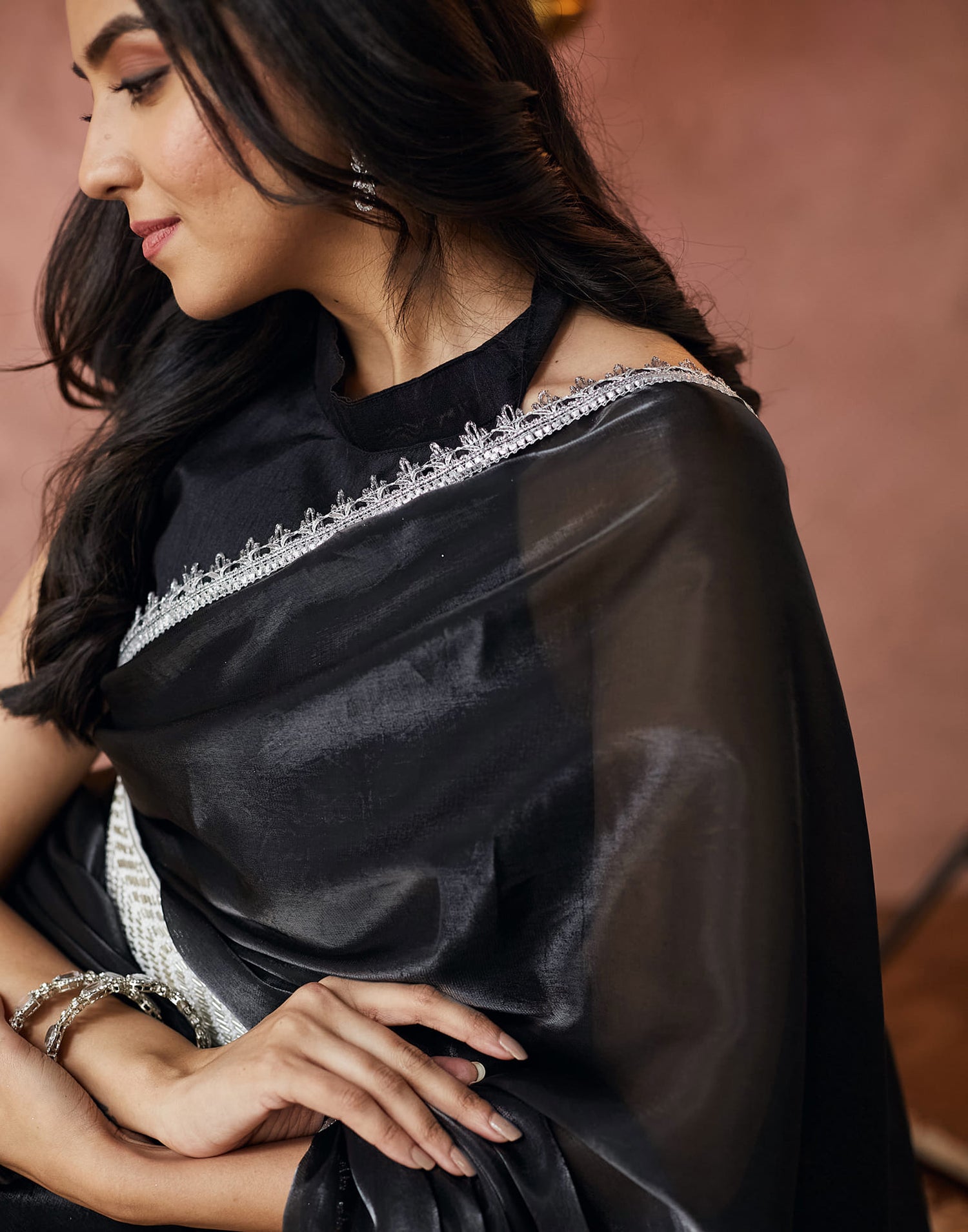 Black Silk Lace Plain Saree