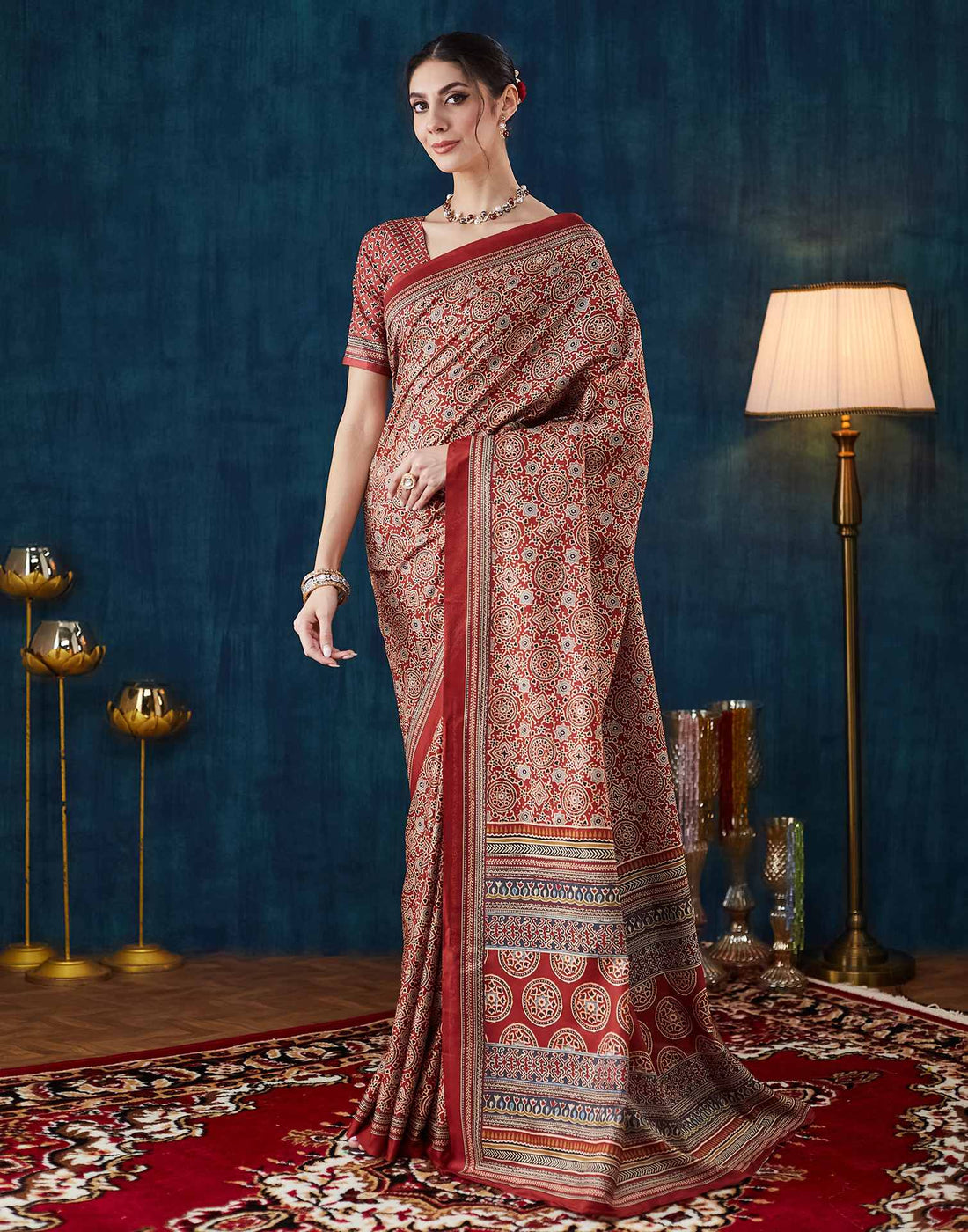 Rust Brown Ajrakh Printed Silk Saree