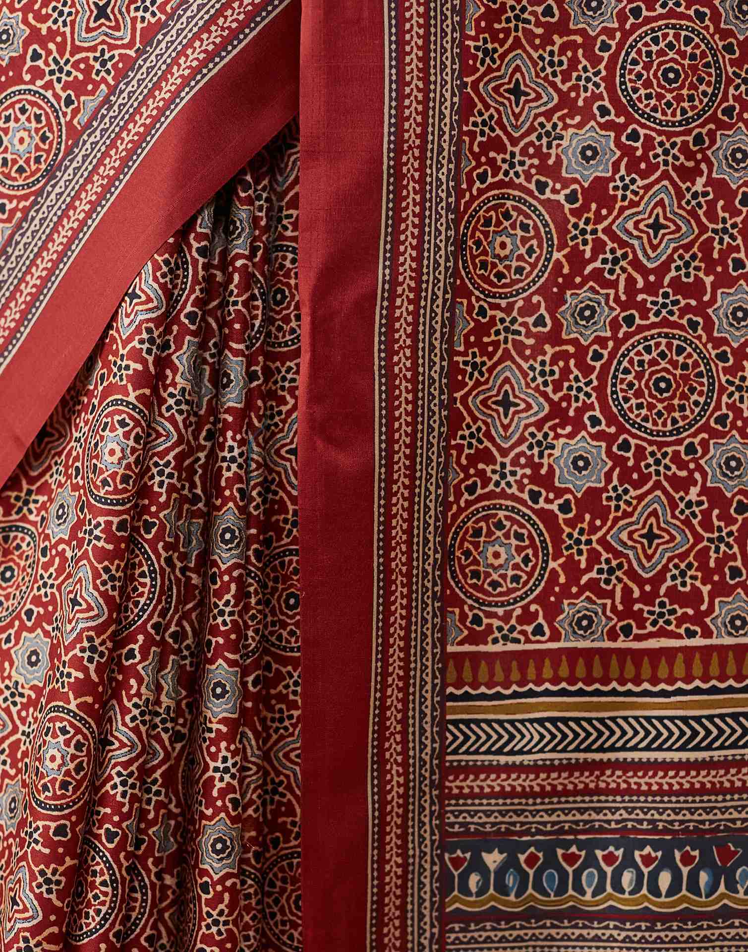 Rust Brown Ajrakh Printed Silk Saree