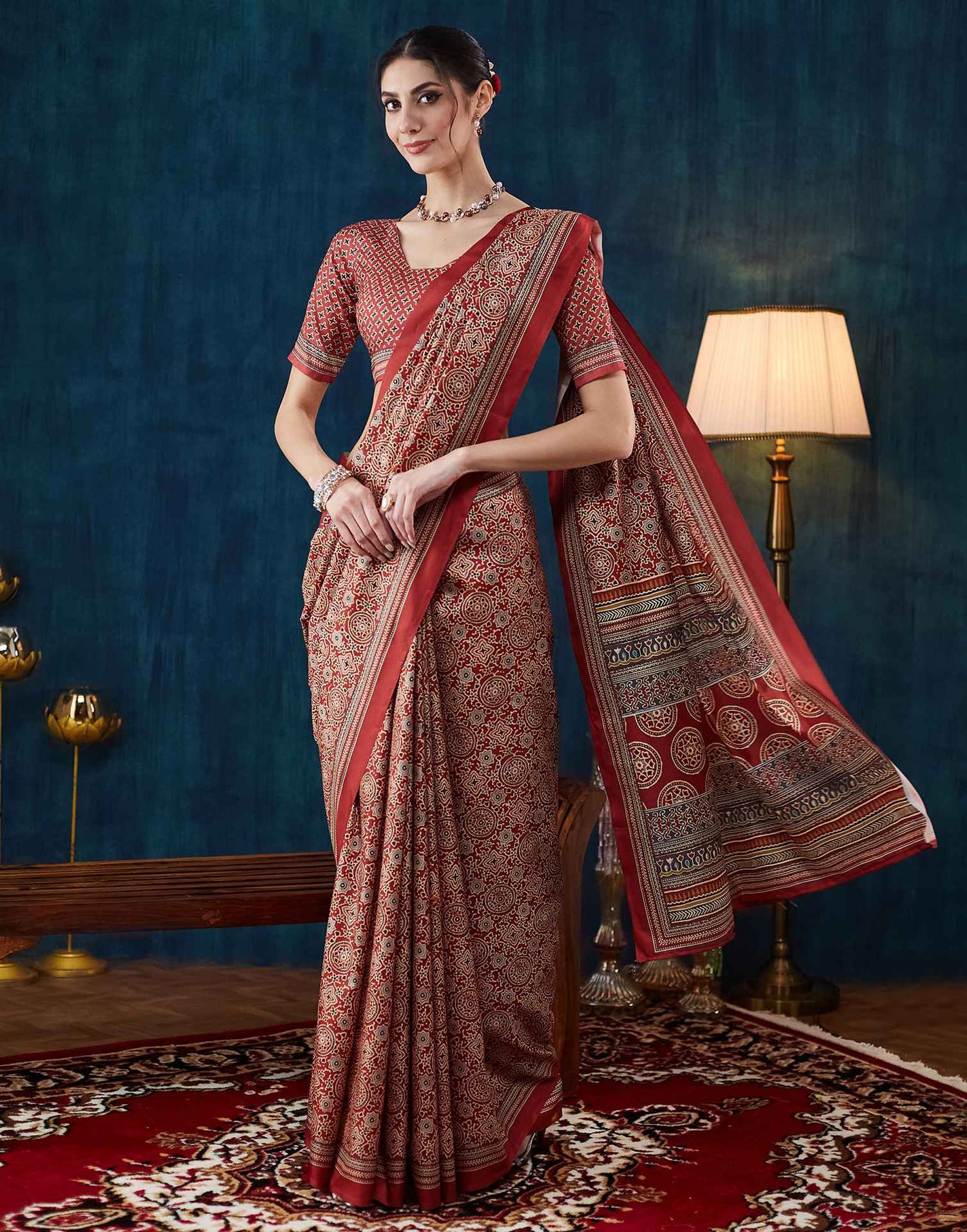 Rust Brown Ajrakh Printed Silk Saree