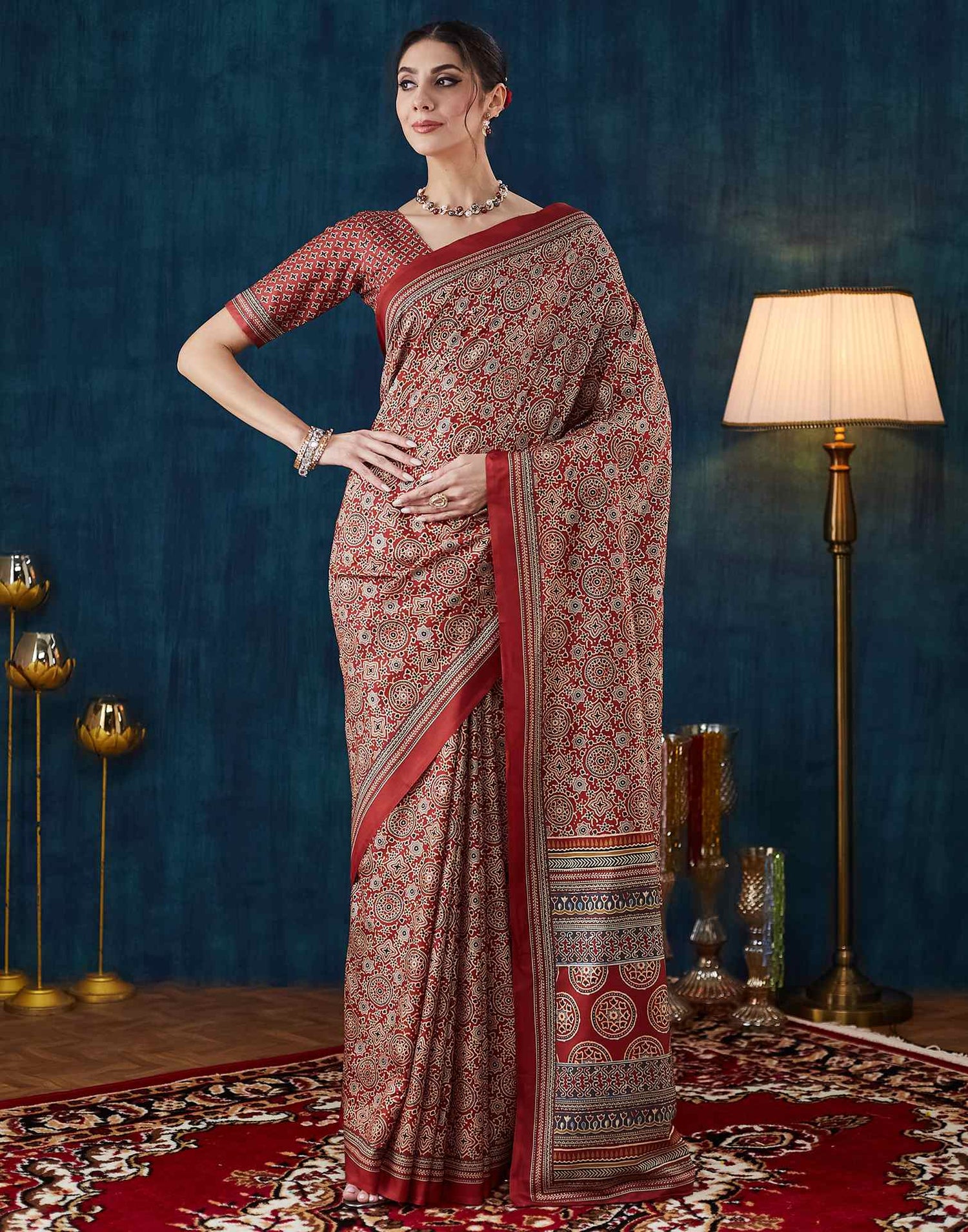 Rust Brown Ajrakh Printed Silk Saree