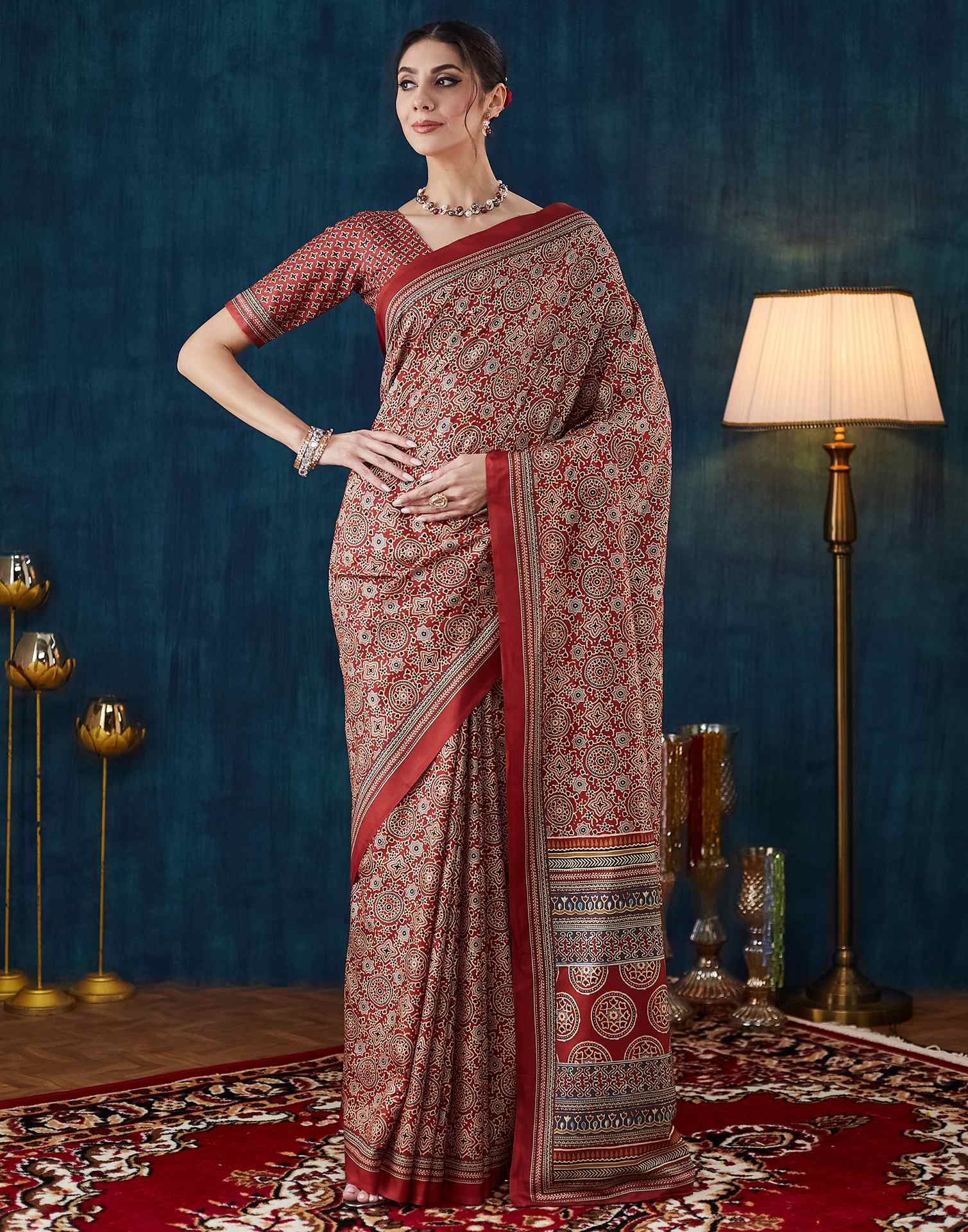 Rust Brown Ajrakh Printed Silk Saree