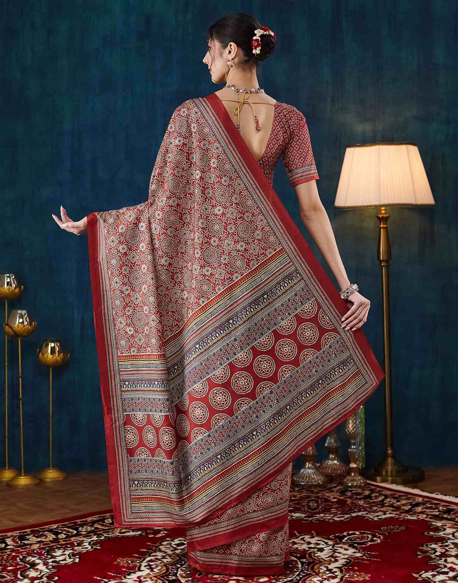 Rust Brown Ajrakh Printed Silk Saree