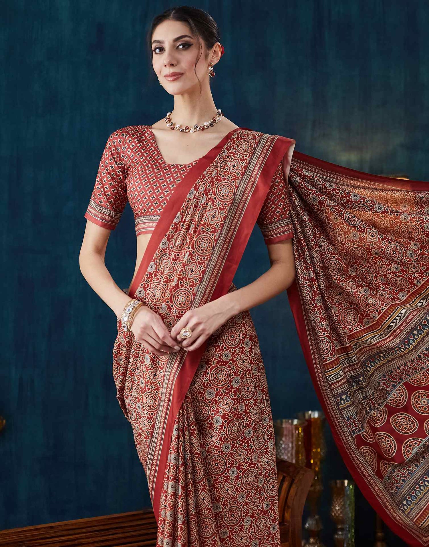 Rust Brown Ajrakh Printed Silk Saree