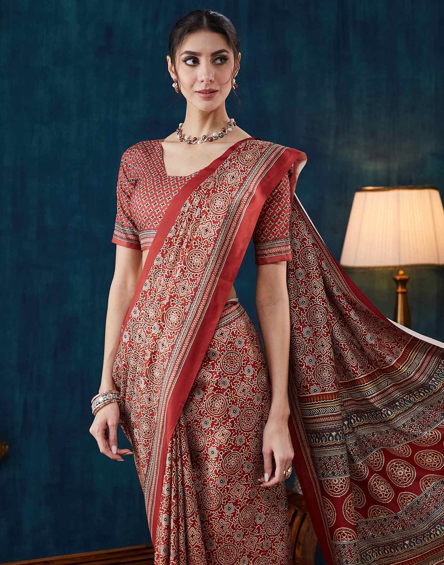 Rust Brown Ajrakh Printed Silk Saree