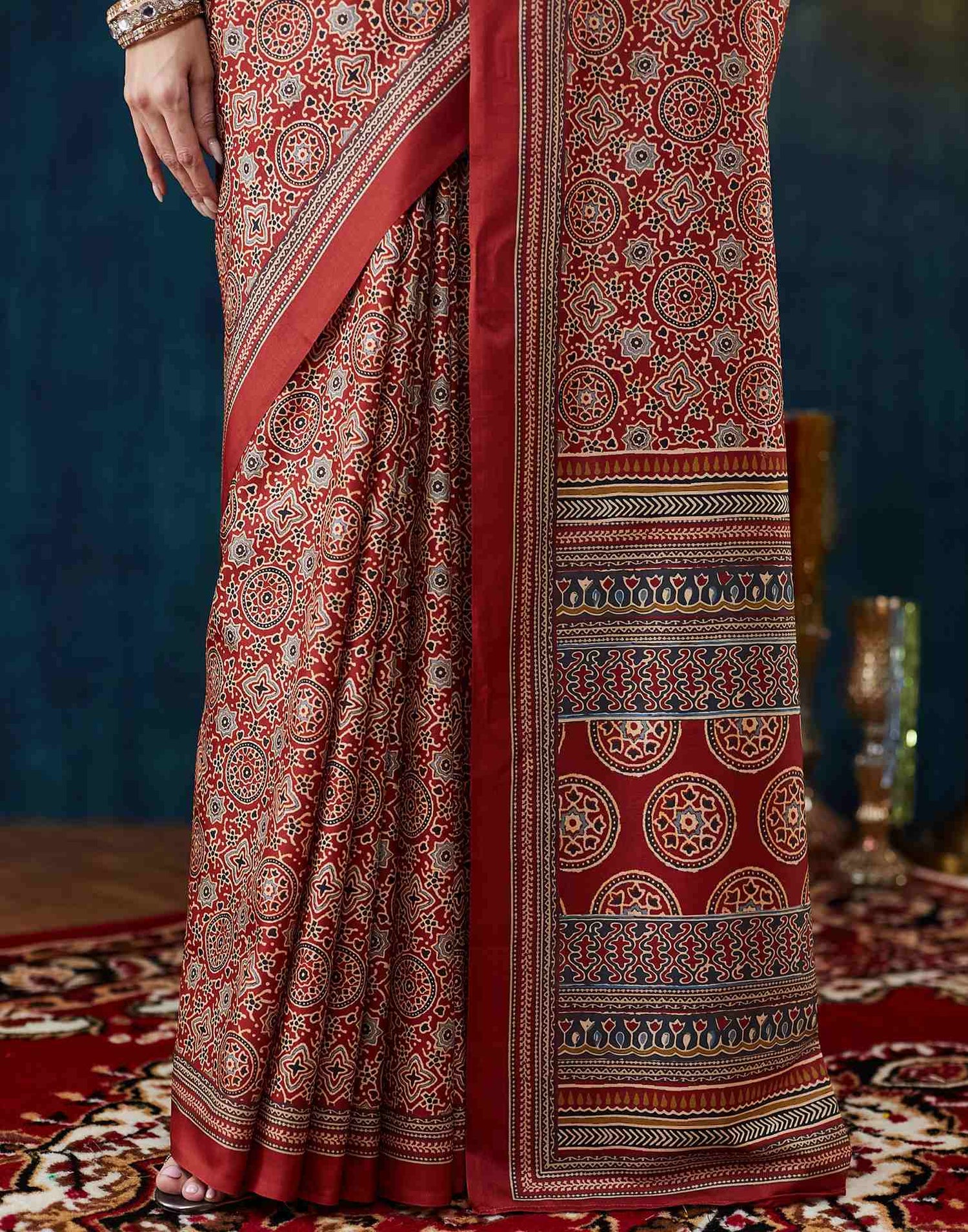 Rust Brown Ajrakh Printed Silk Saree