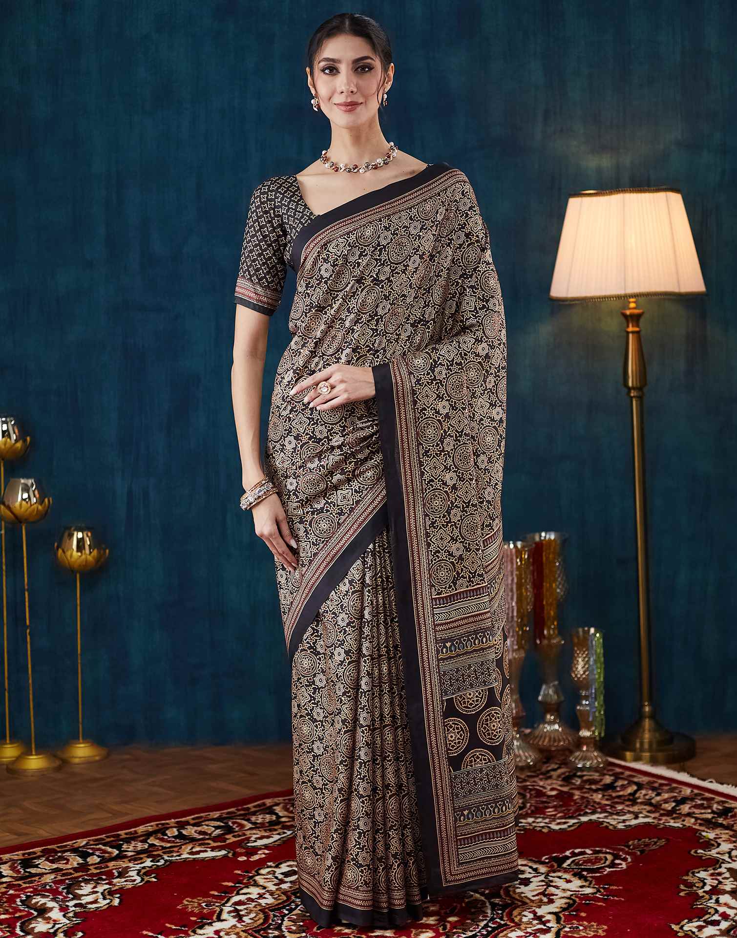 Black Ajrakh Printed Silk Saree