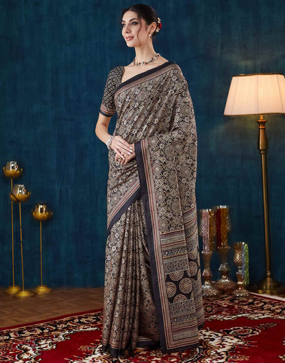 Black Ajrakh Printed Silk Saree