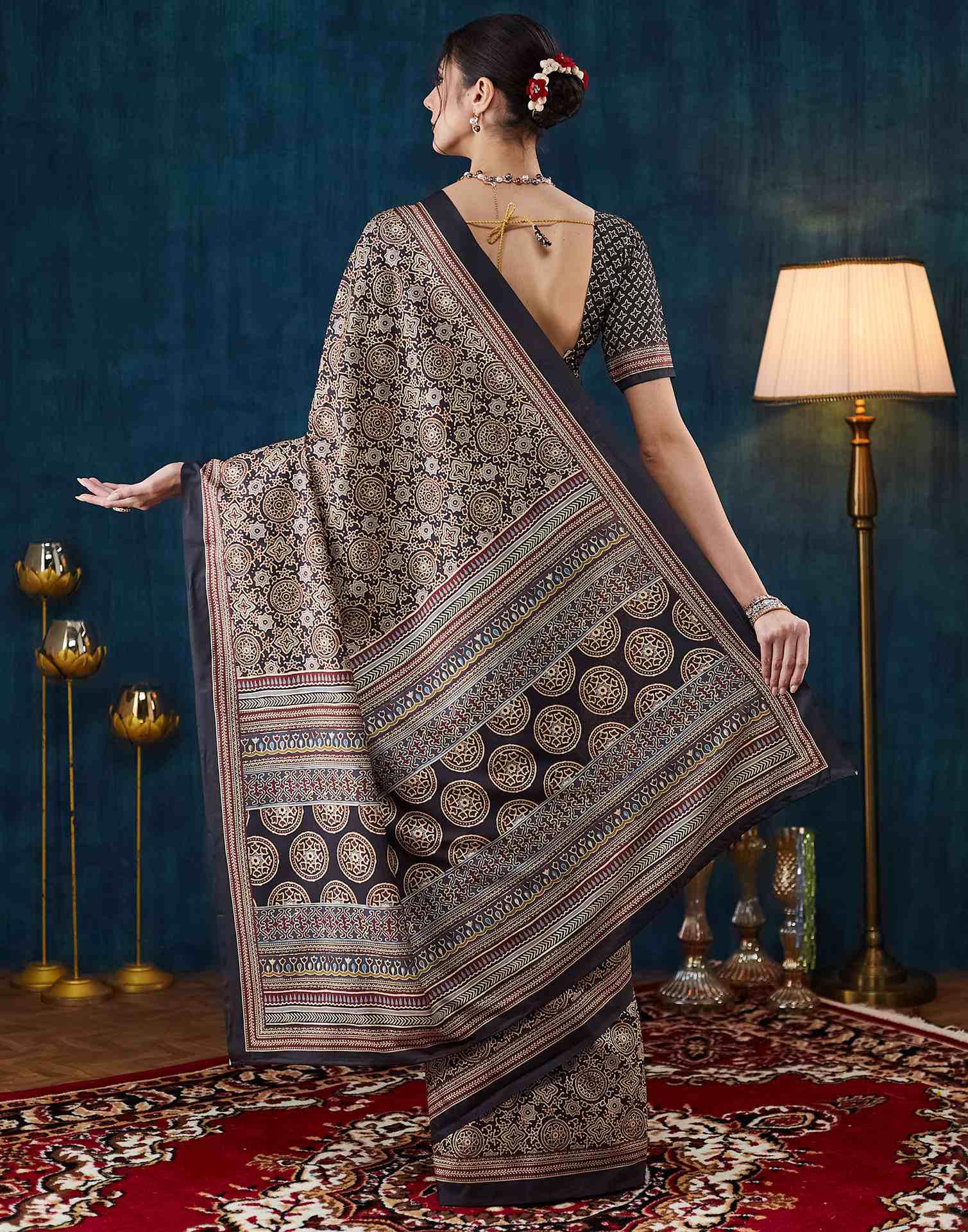 Black Ajrakh Printed Silk Saree