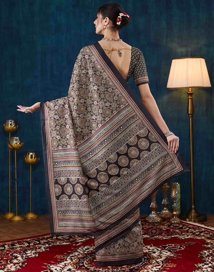 Black Ajrakh Printed Silk Saree