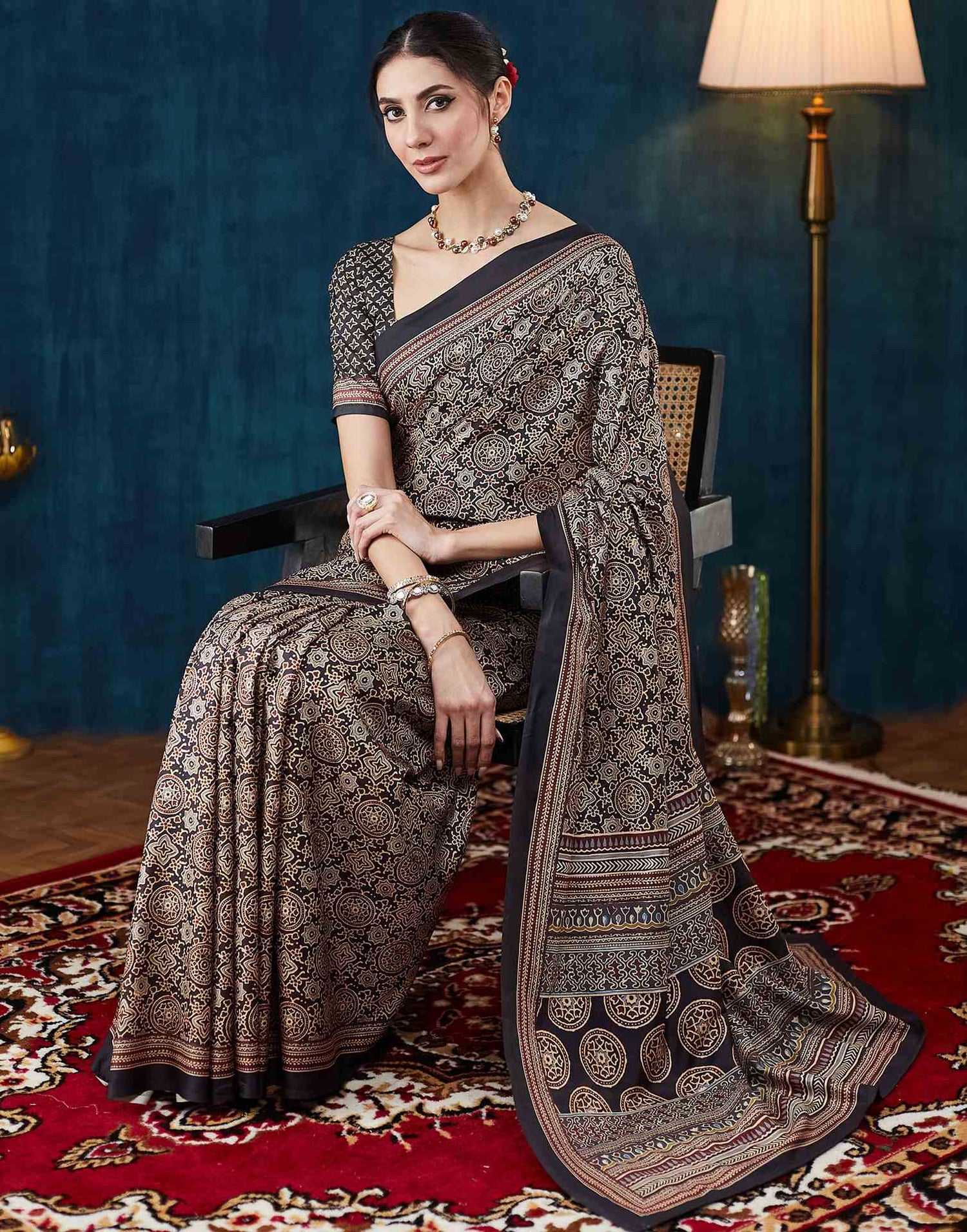 Black Ajrakh Printed Silk Saree