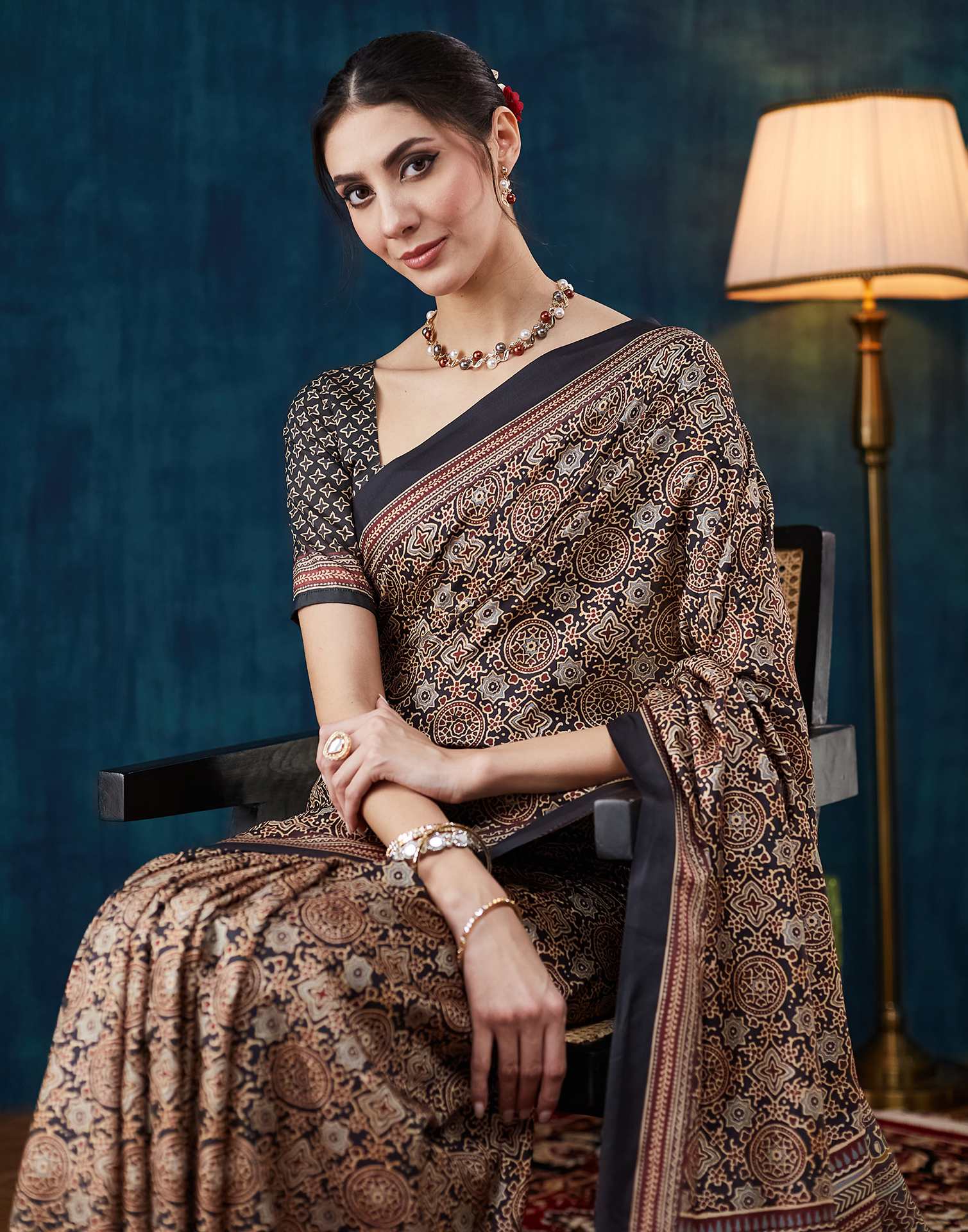 Black Ajrakh Printed Silk Saree