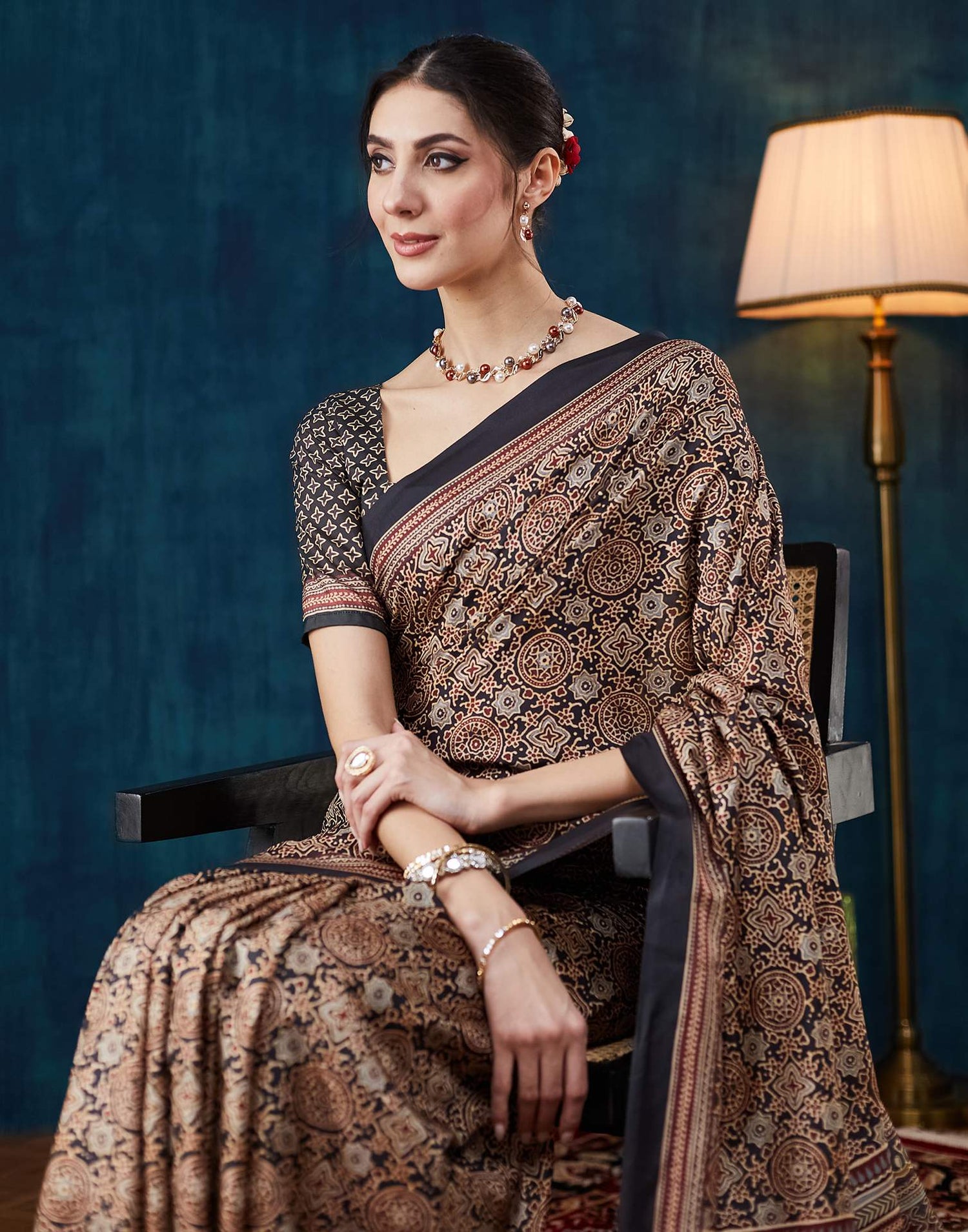 Black Ajrakh Printed Silk Saree