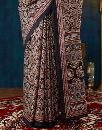 Black Ajrakh Printed Silk Saree