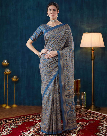 Royal Blue Ajrakh Printed Silk Saree