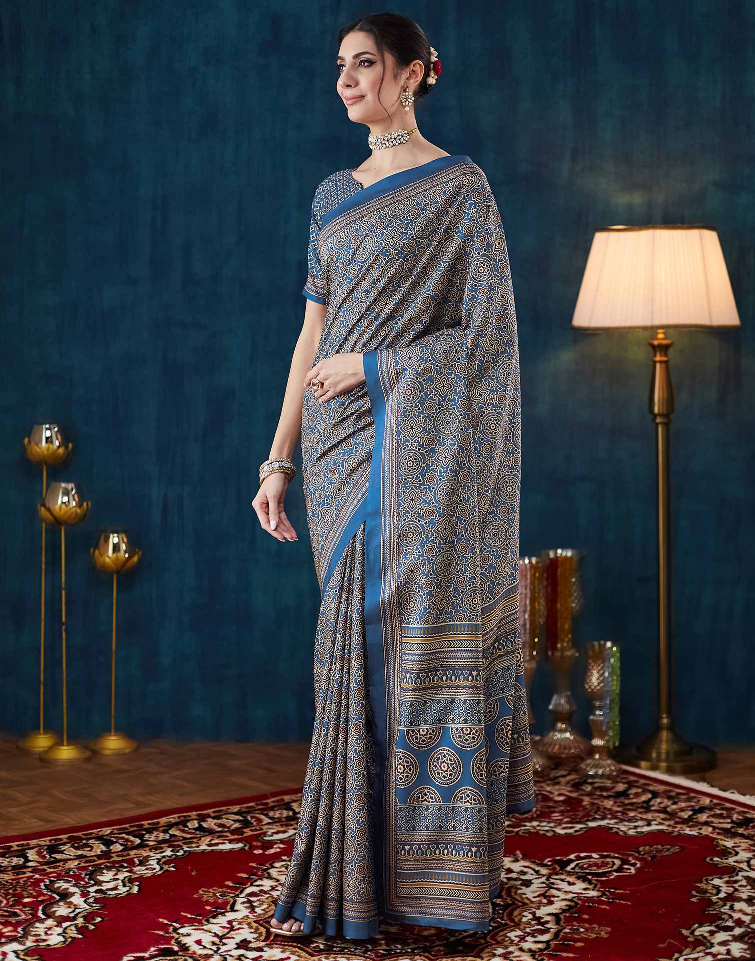 Royal Blue Ajrakh Printed Silk Saree