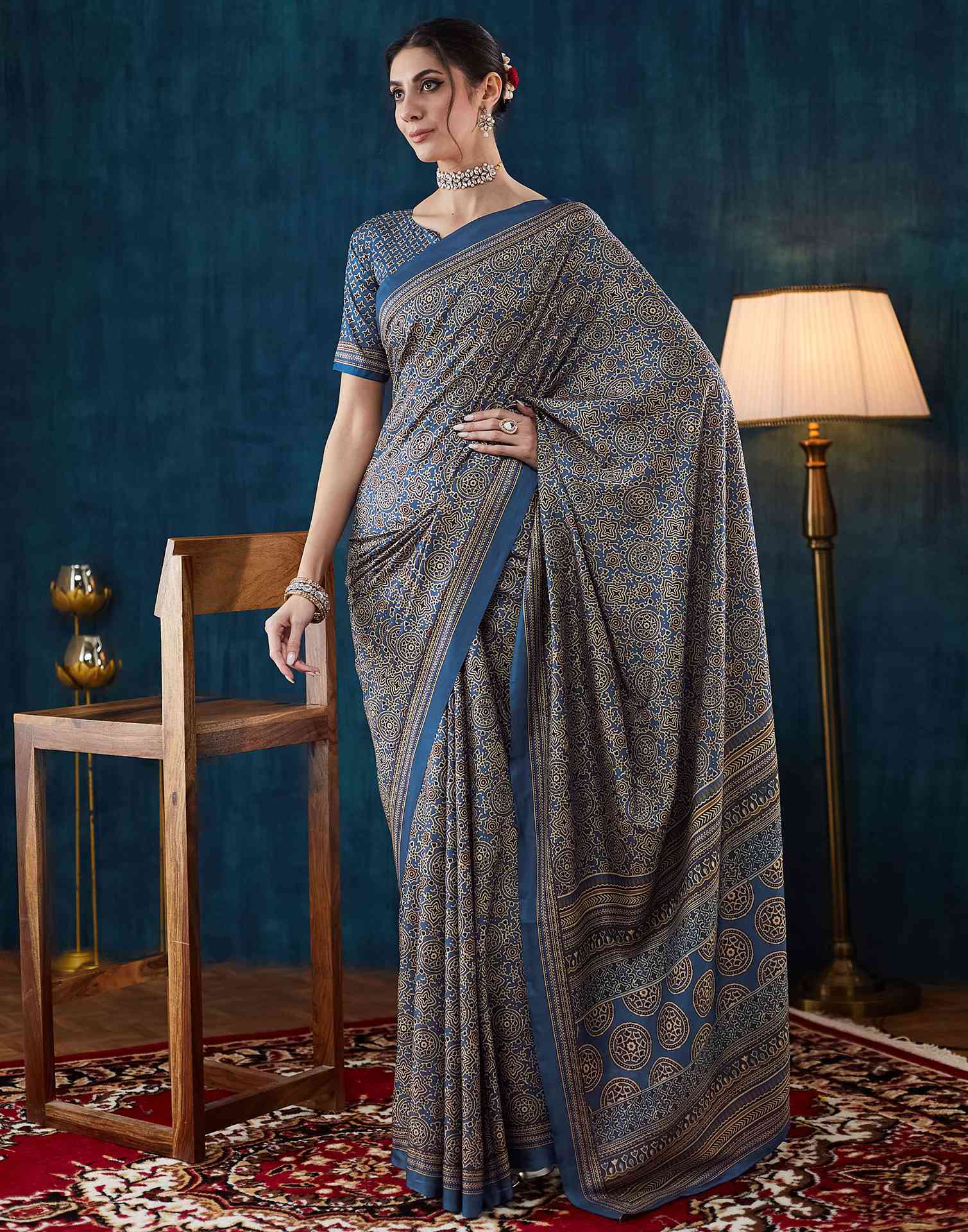 Royal Blue Ajrakh Printed Silk Saree