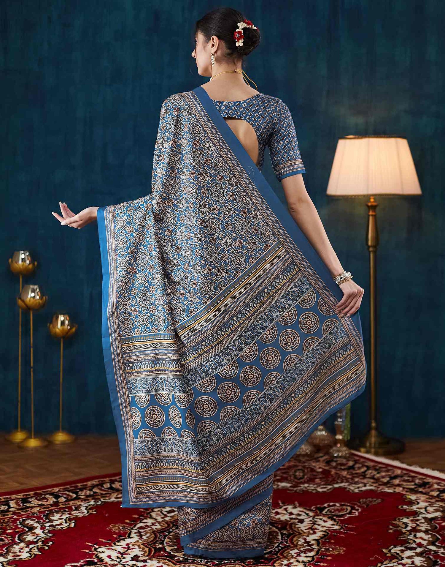 Royal Blue Ajrakh Printed Silk Saree