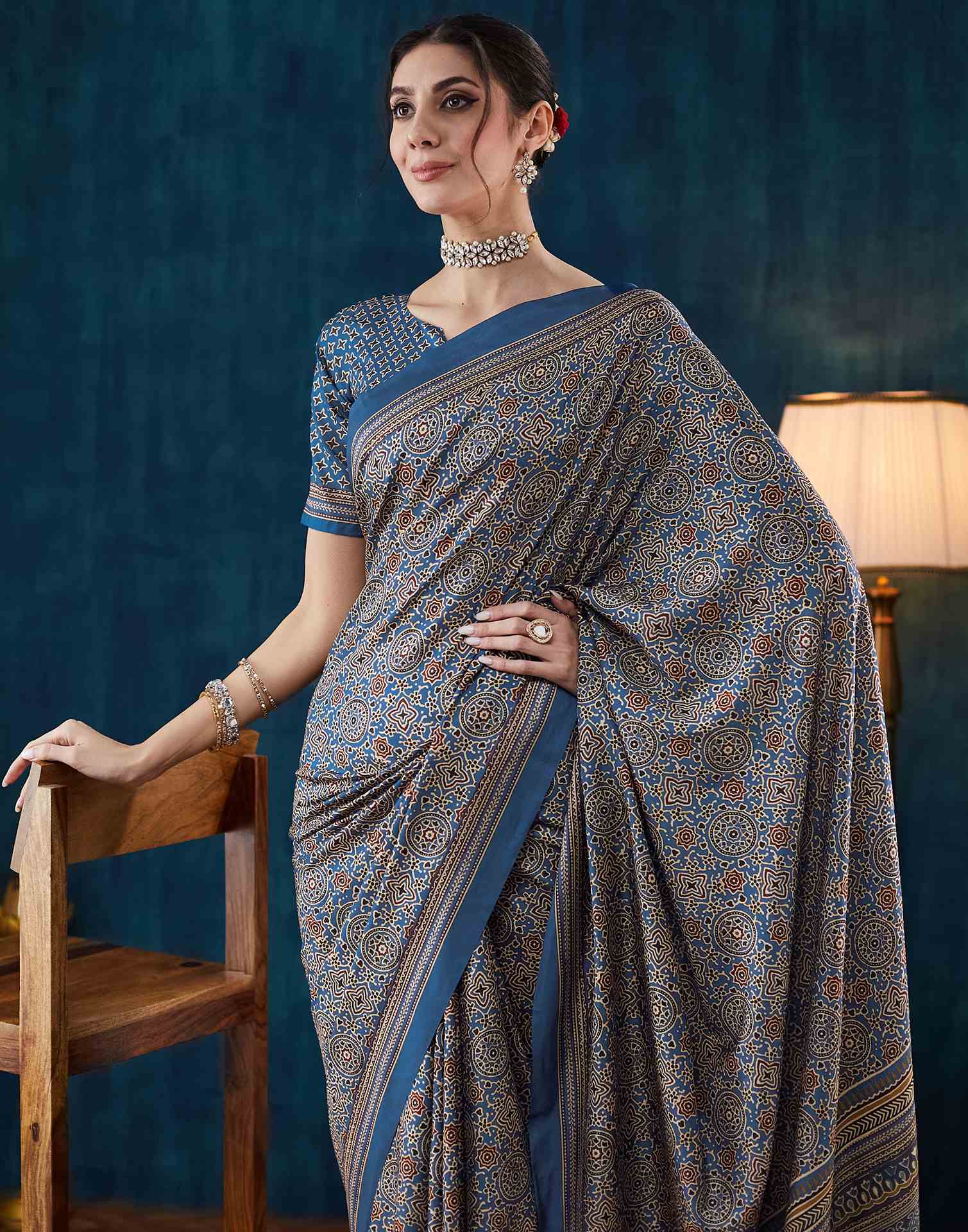 Royal Blue Ajrakh Printed Silk Saree