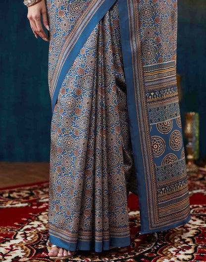 Royal Blue Ajrakh Printed Silk Saree