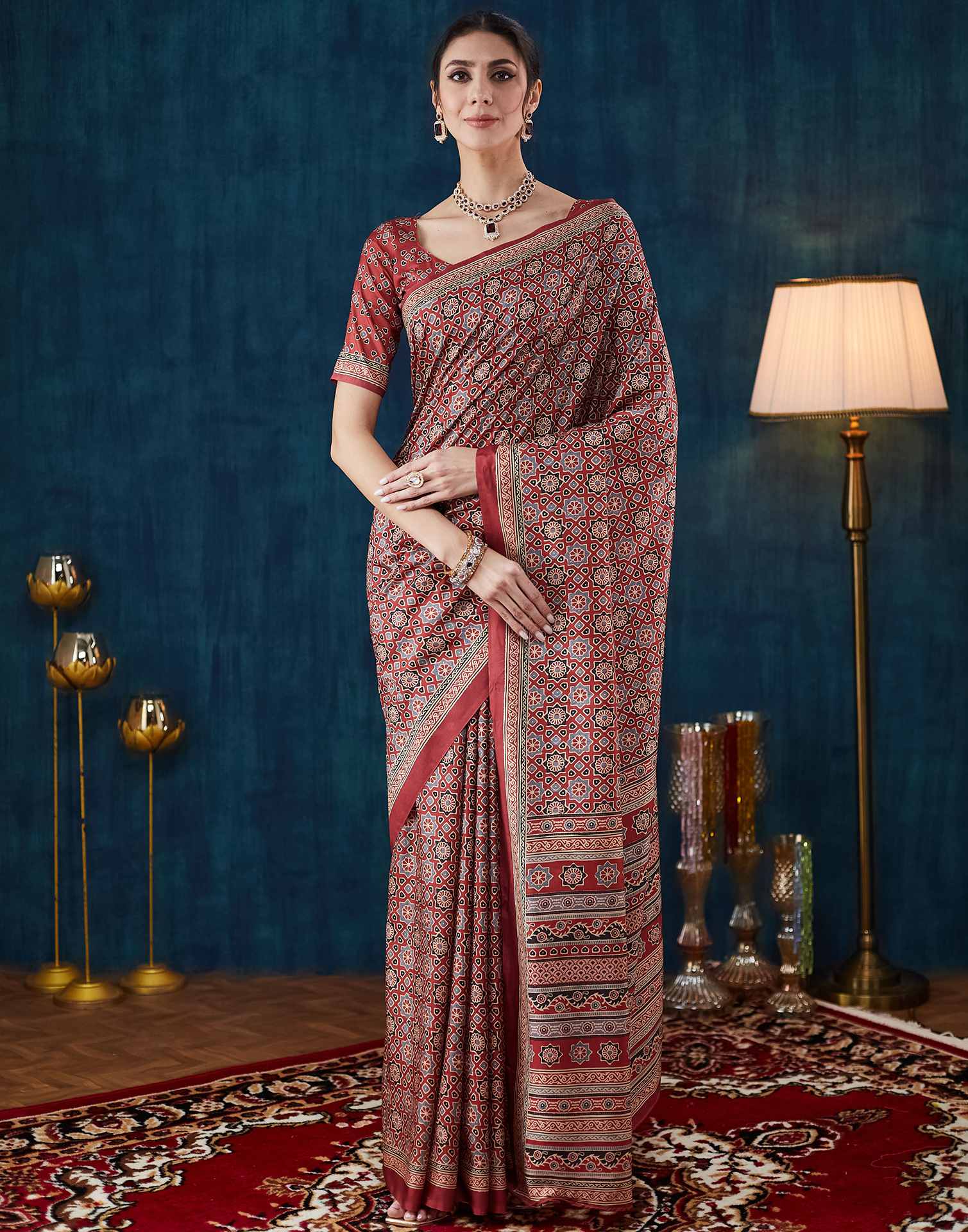 Rust Brown Ajrakh Printed Silk Saree