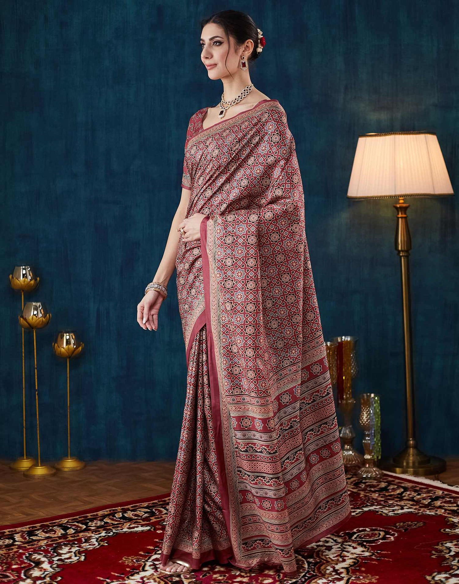 Rust Brown Ajrakh Printed Silk Saree