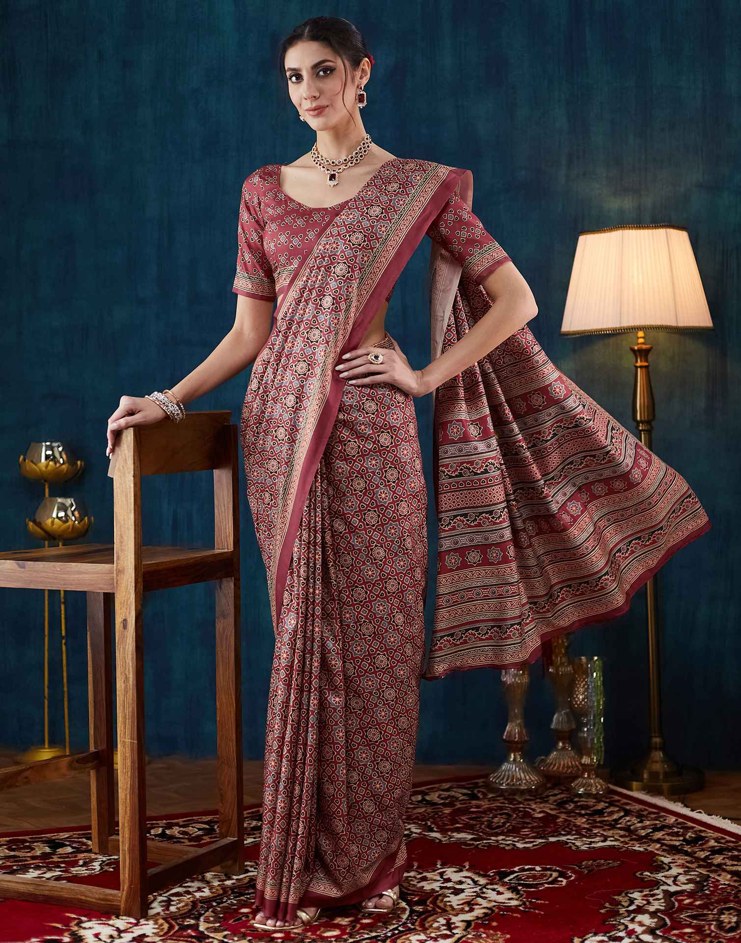 Rust Brown Ajrakh Printed Silk Saree