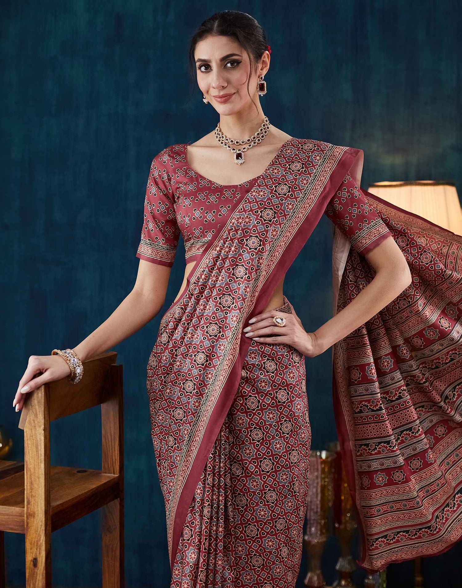 Rust Brown Ajrakh Printed Silk Saree