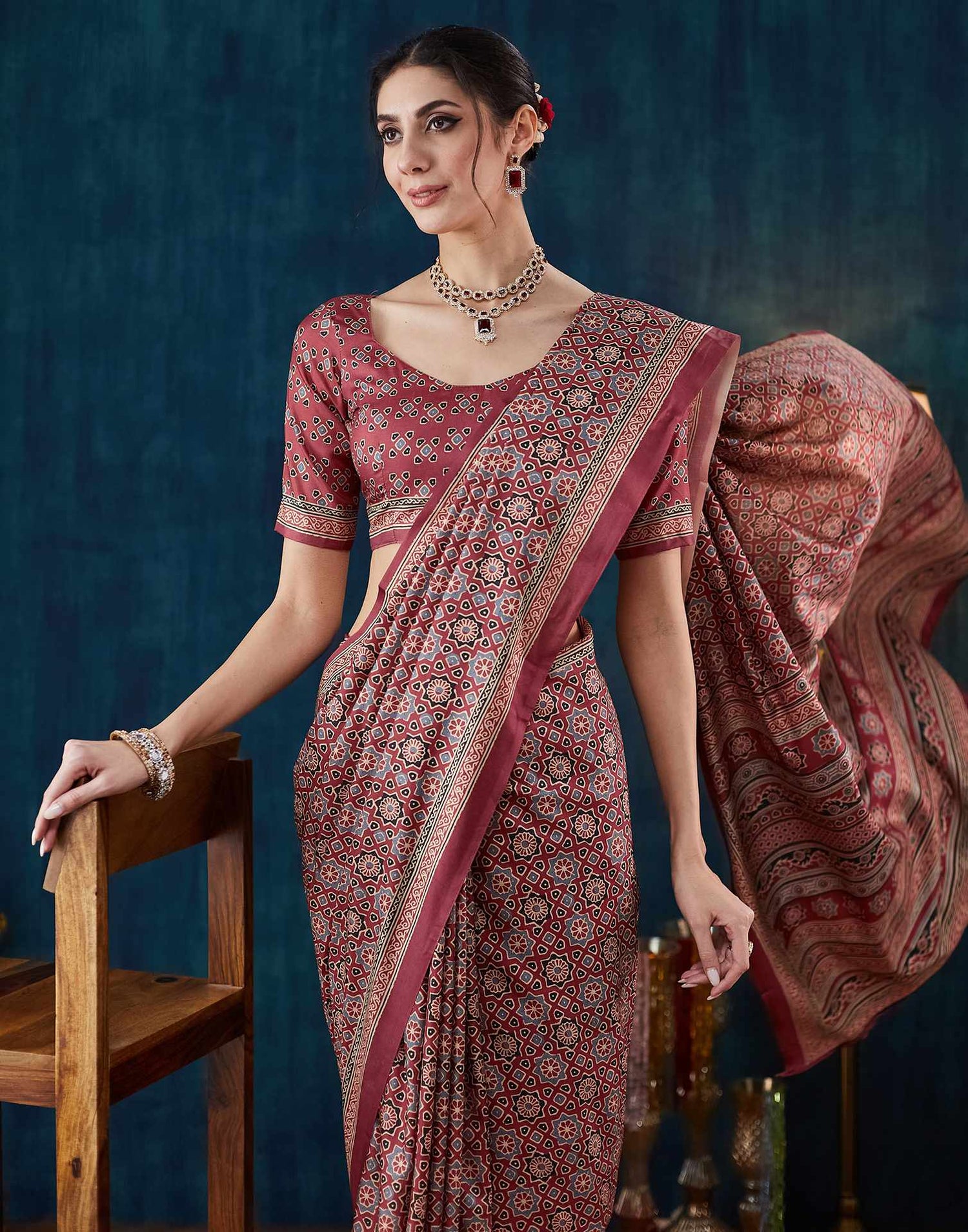 Rust Brown Ajrakh Printed Silk Saree