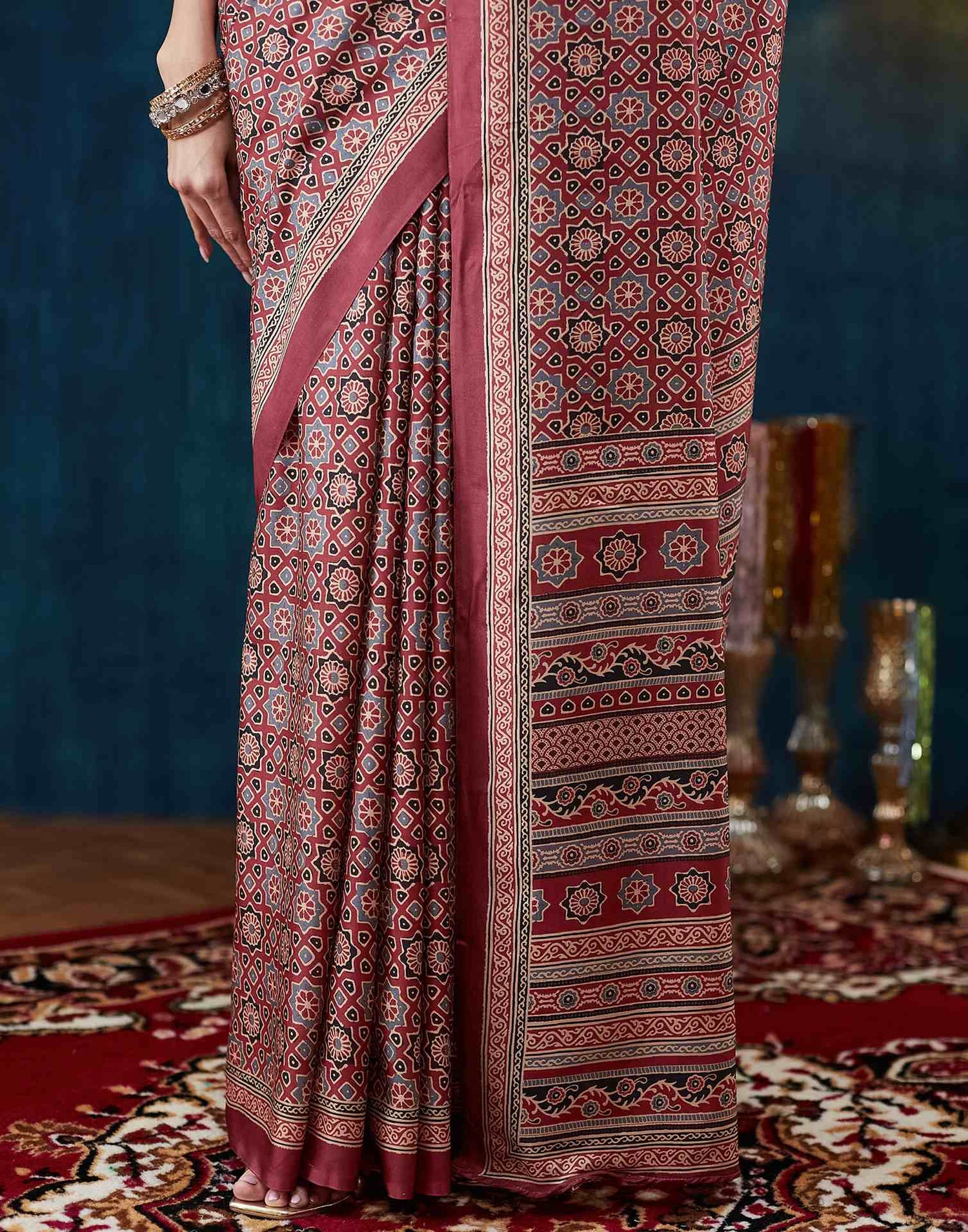 Rust Brown Ajrakh Printed Silk Saree