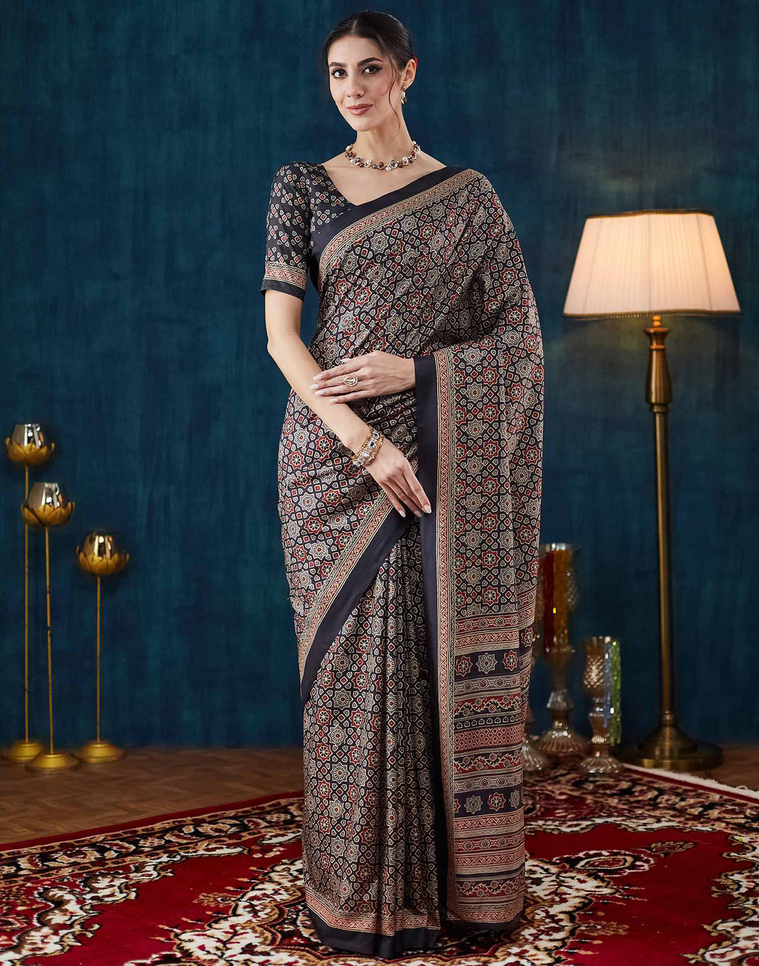 Black Ajrakh Printed Silk Saree