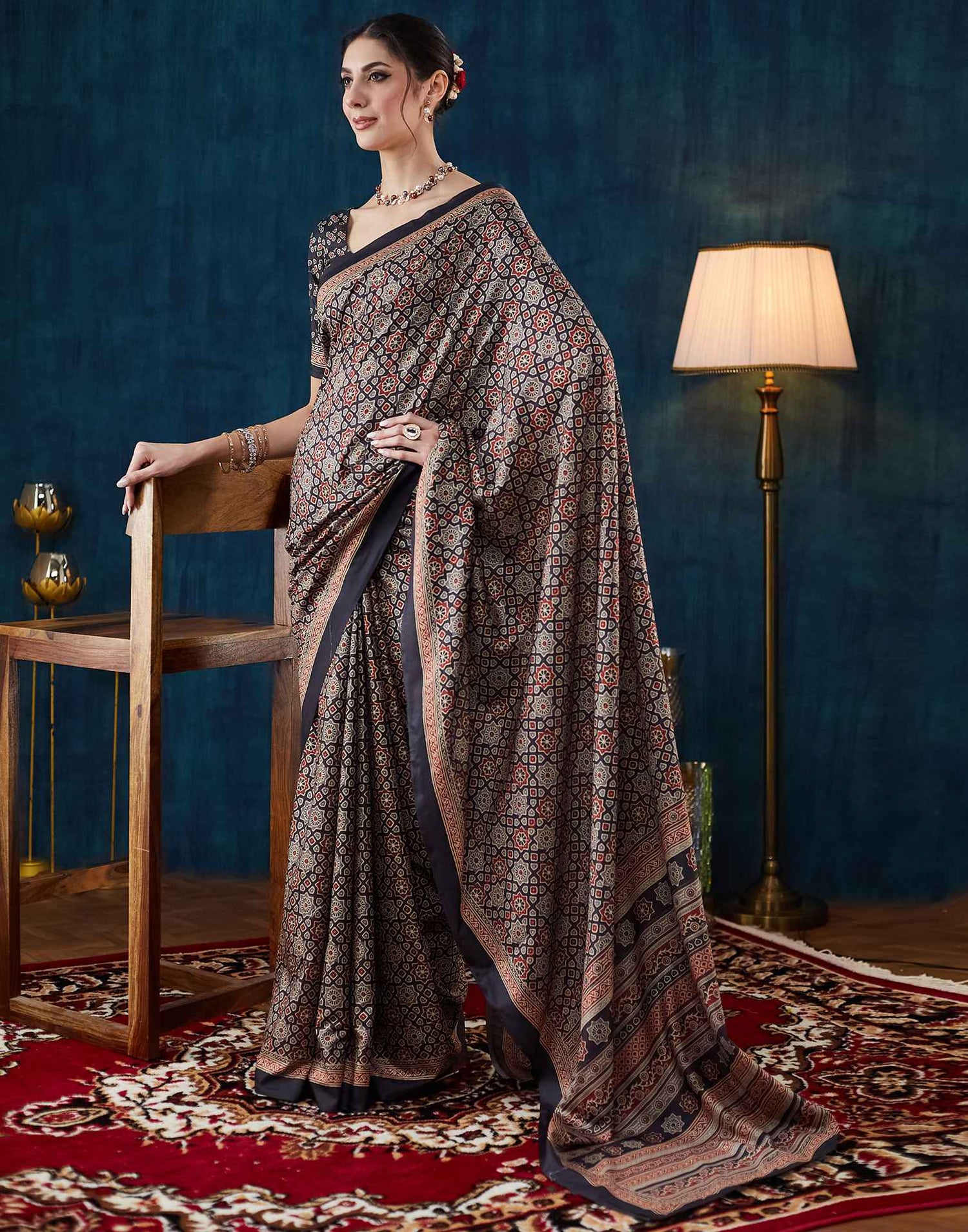 Black Ajrakh Printed Silk Saree