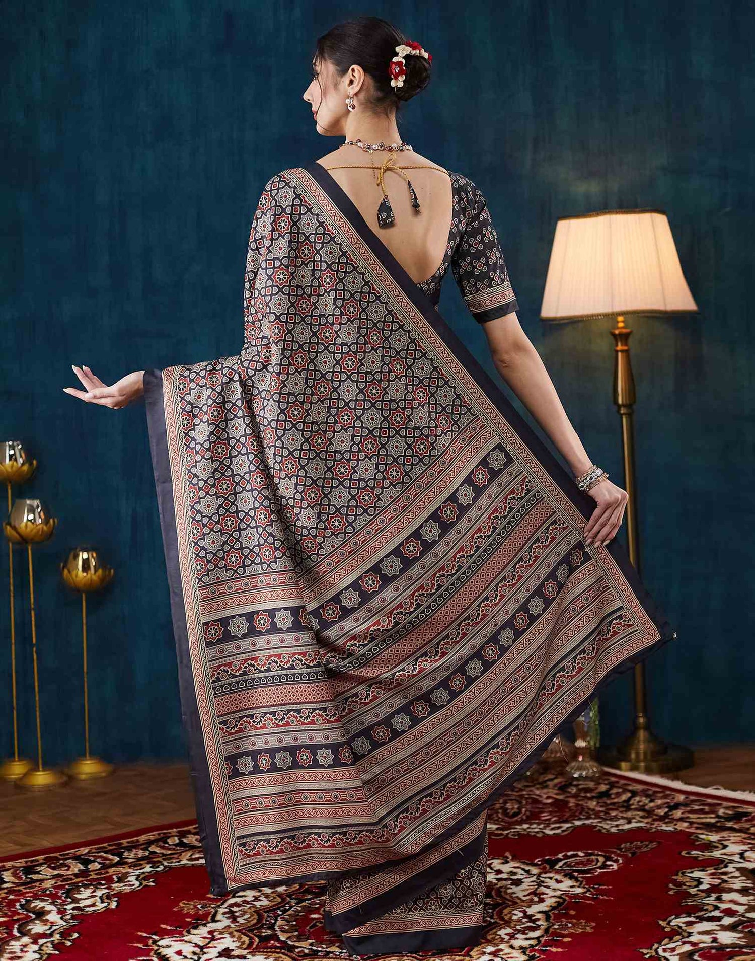 Black Ajrakh Printed Silk Saree