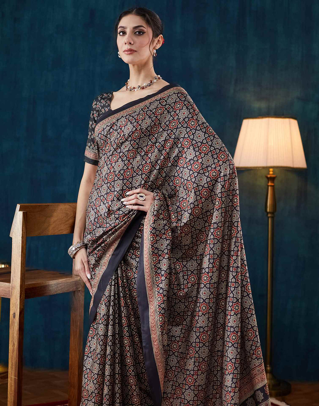 Black Ajrakh Printed Silk Saree