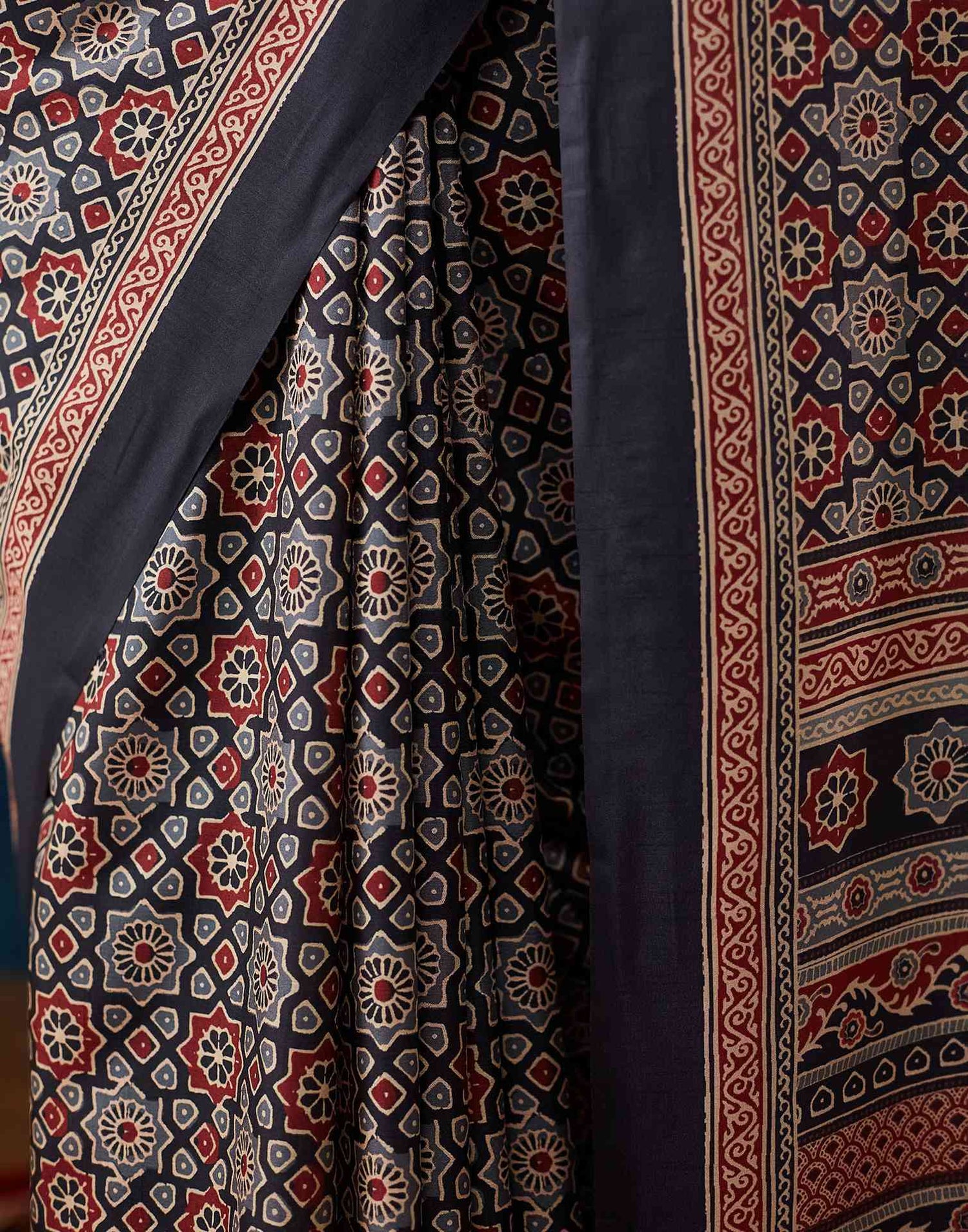 Black Ajrakh Printed Silk Saree