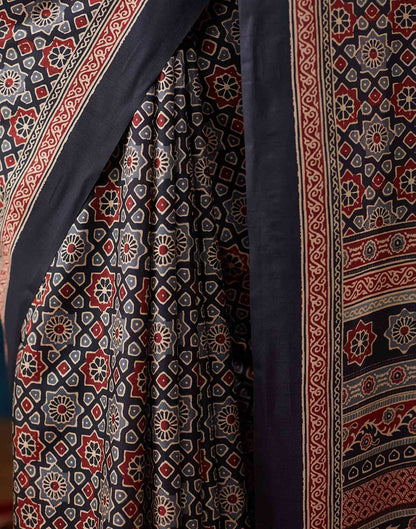 Black Ajrakh Printed Silk Saree