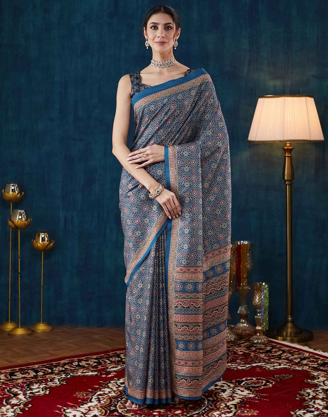 Royal Blue Ajrakh Printed Silk Saree