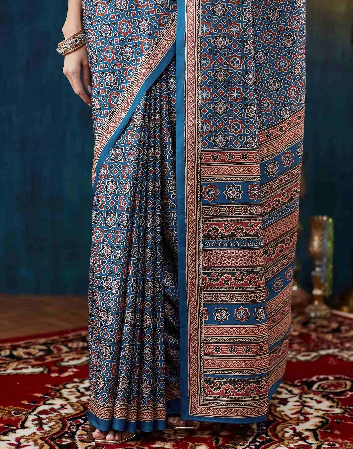 Royal Blue Ajrakh Printed Silk Saree