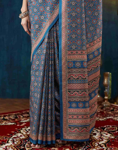 Royal Blue Ajrakh Printed Silk Saree