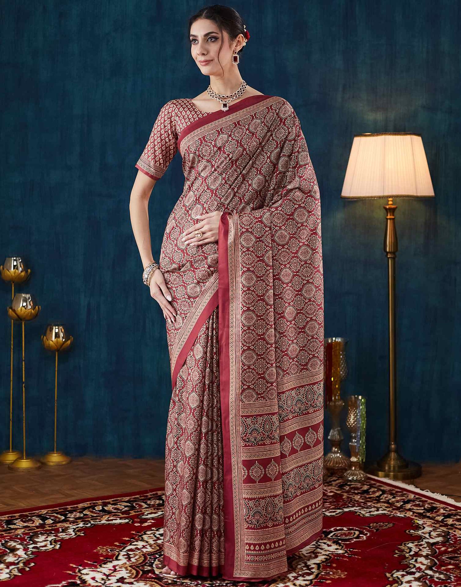 Rust Brown Ajrakh Printed Silk Saree