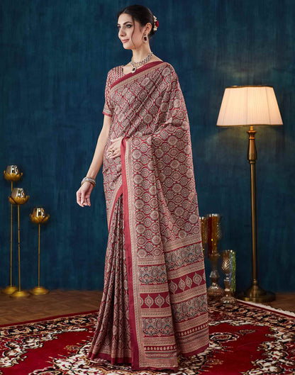 Rust Brown Ajrakh Printed Silk Saree