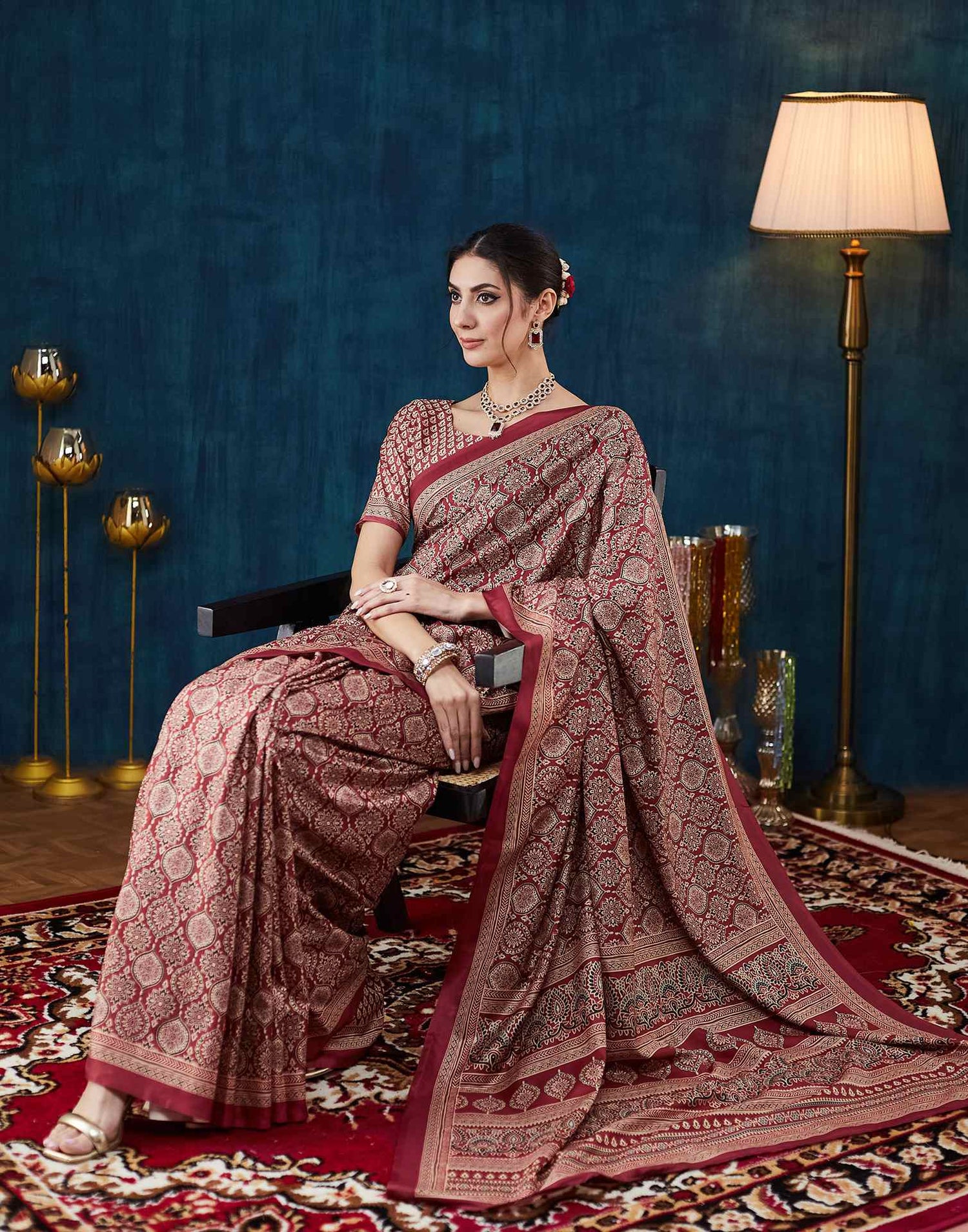 Rust Brown Ajrakh Printed Silk Saree