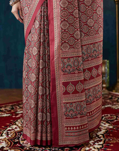 Rust Brown Ajrakh Printed Silk Saree