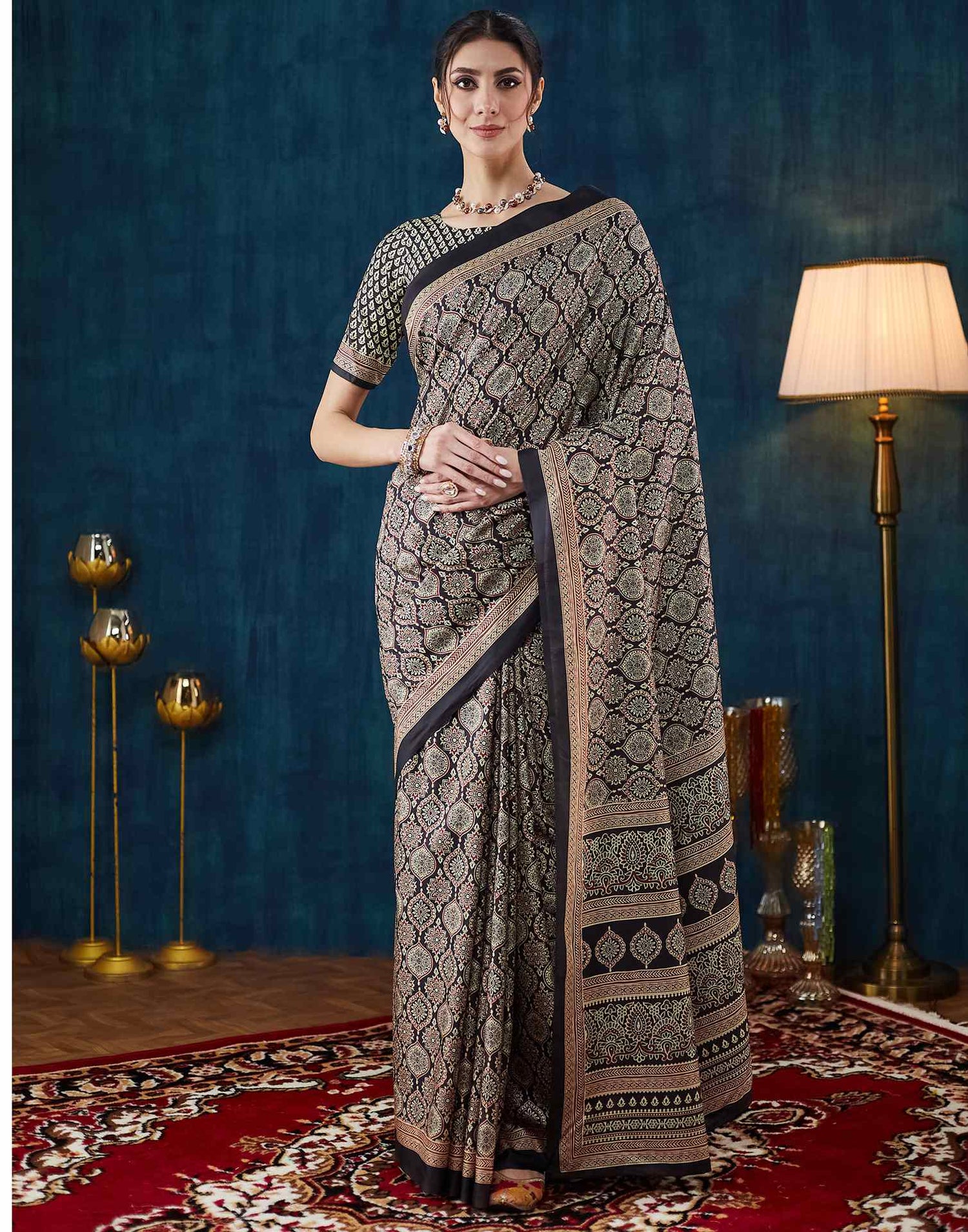 Black Ajrakh Printed Silk Saree