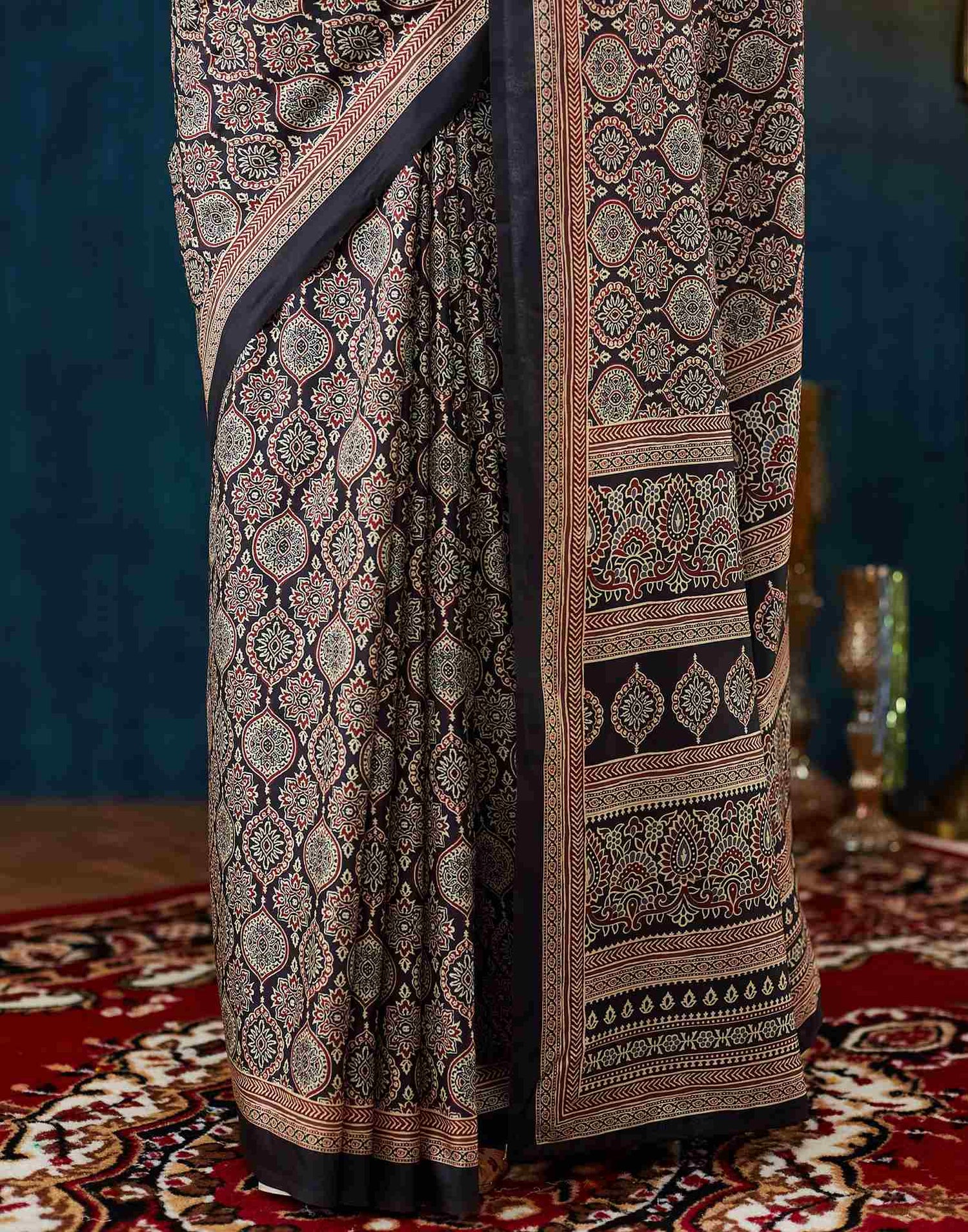 Black Ajrakh Printed Silk Saree