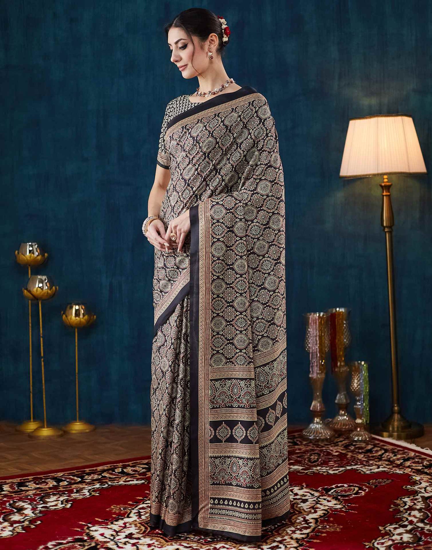 Black Ajrakh Printed Silk Saree