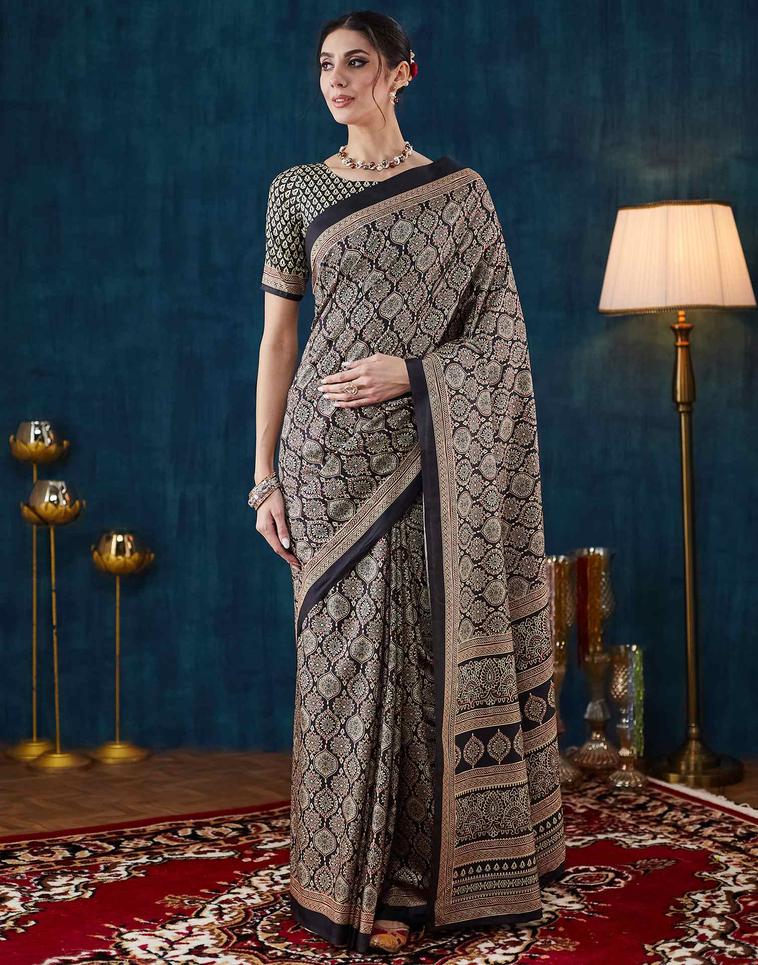 Black Ajrakh Printed Silk Saree