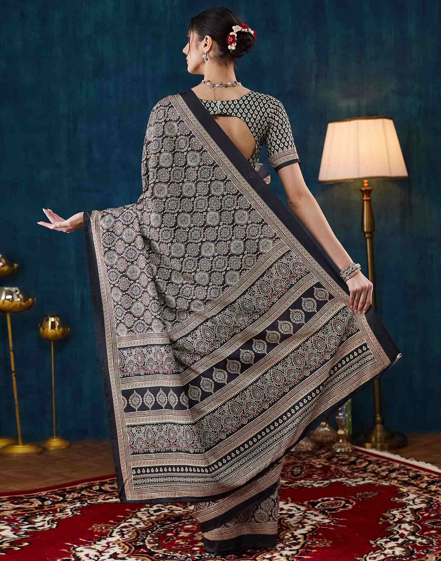 Black Ajrakh Printed Silk Saree