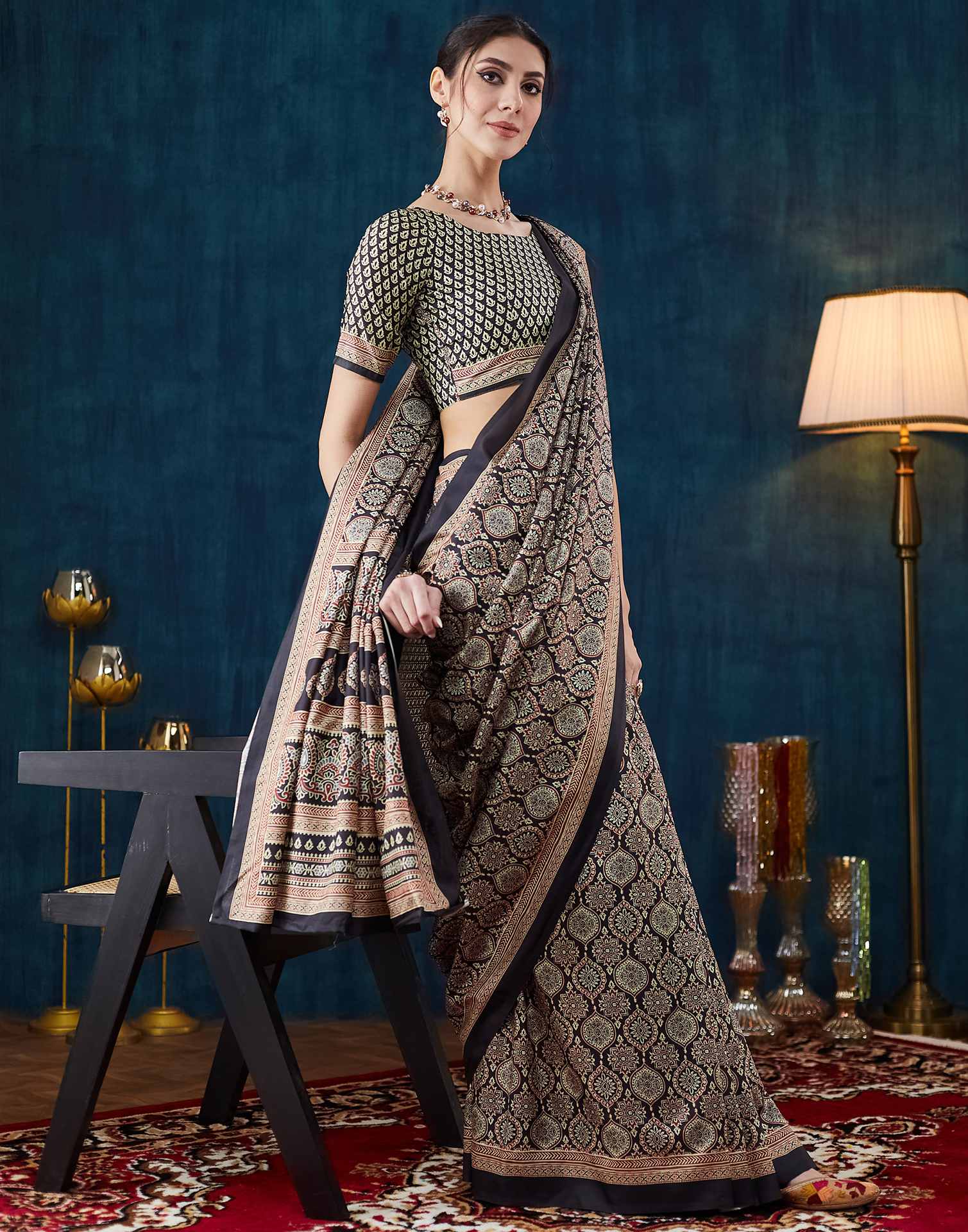 Black Ajrakh Printed Silk Saree